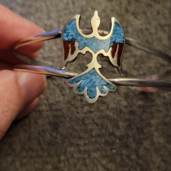 Native American Navajo Sterling Silver Handcrafted Bird Turquoise Inlaid Cuff - Picture 7 of 7